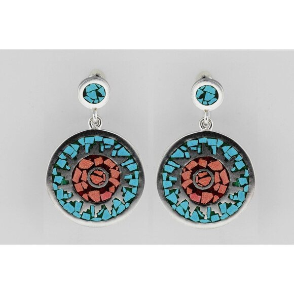 Vtg 1970's Turquoise & Coral Inlaid Earrings Double Circle Screw Back Sterling - Picture 1 of 6